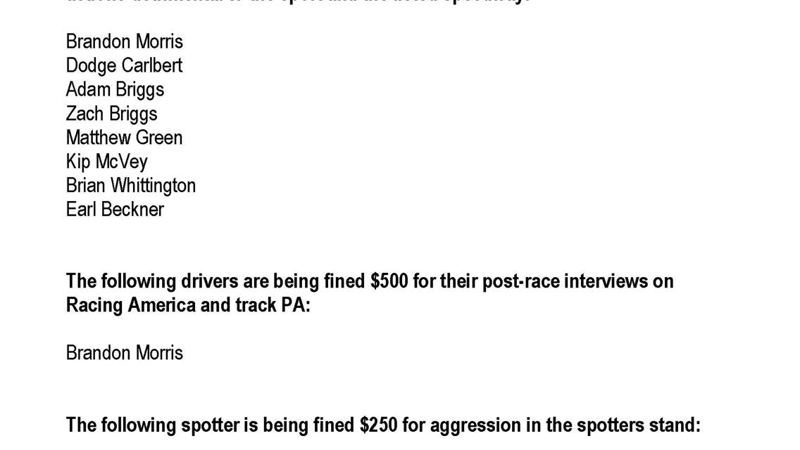 Penalties following Auburndale Speedway