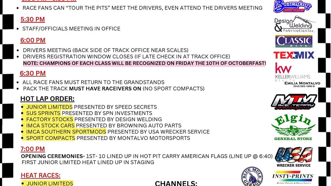 September 27, 2025 Race Day Information! SEASON FINALE!