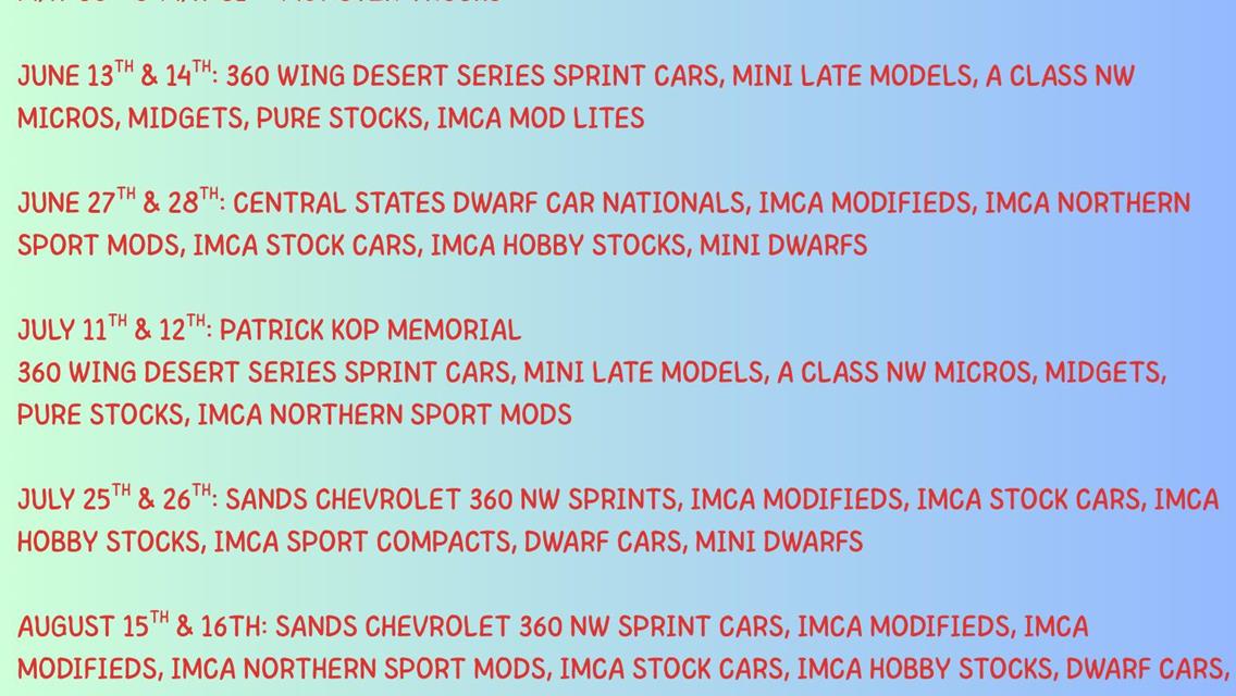 CENTRAL ARIZONA RACEWAY OFF FOR THE SUMMER