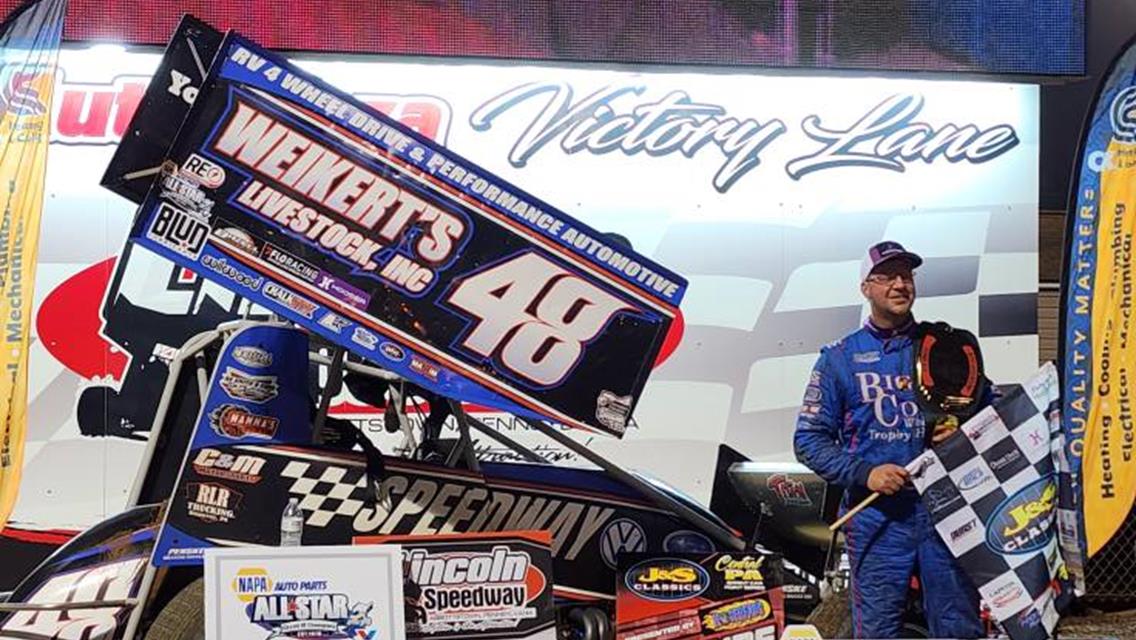 Double “D” Danny Dietrich wins the Elijah Hawkins Memorial All Star Circuit of Champions 410 Feature presented by Valvoline at Lincoln Speedway