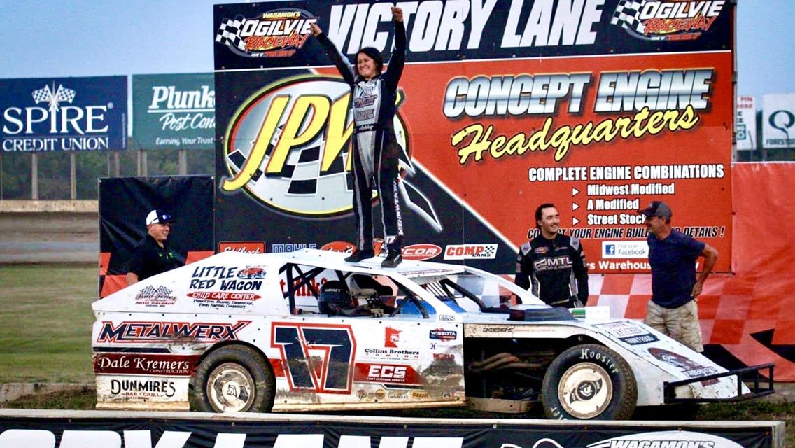 The Crowd Cheered in Unison as Ashley Mehrwerth Topped the Midwest Modified Competition, and Earned her 1st Ogilvie Raceway Feature Win.