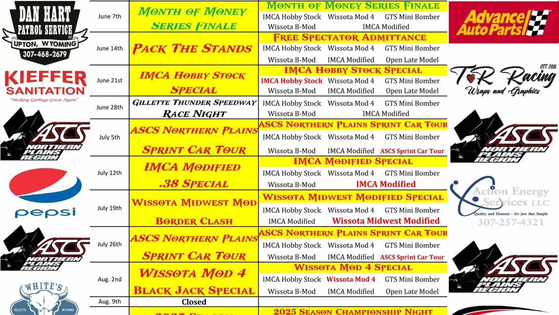 2025 Gillette Thunder Speedway Schedule