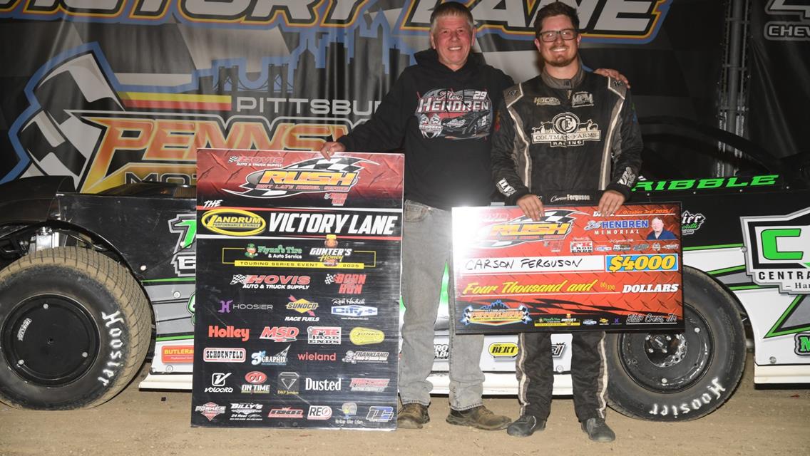 CARSON FERGUSON WINS NIGHT 1 OF “BILL HENDREN MEMORIAL” AT PITTSBURGH IN HIS HOVIS RUSH LATE MODEL DEBUT TO BECOME THE 10TH DIFFERENT FLYNN’S TIRE/GUN