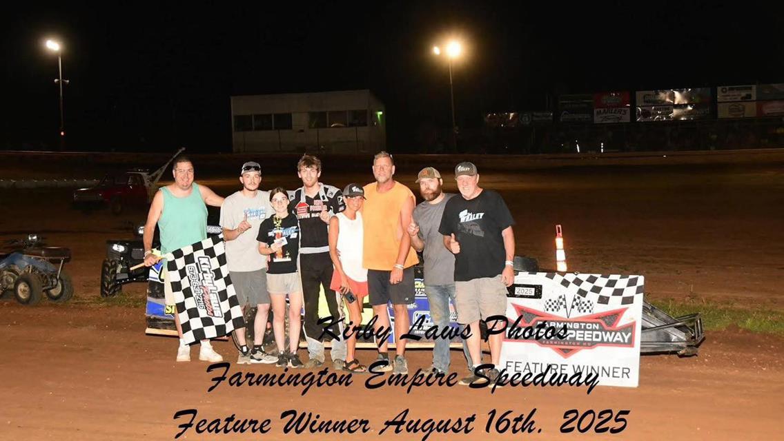 Zach Whaley drove the Jones &amp; Vision No. 12 Modified to victory at Farmington Empire Speedway on Saturday, August 16.