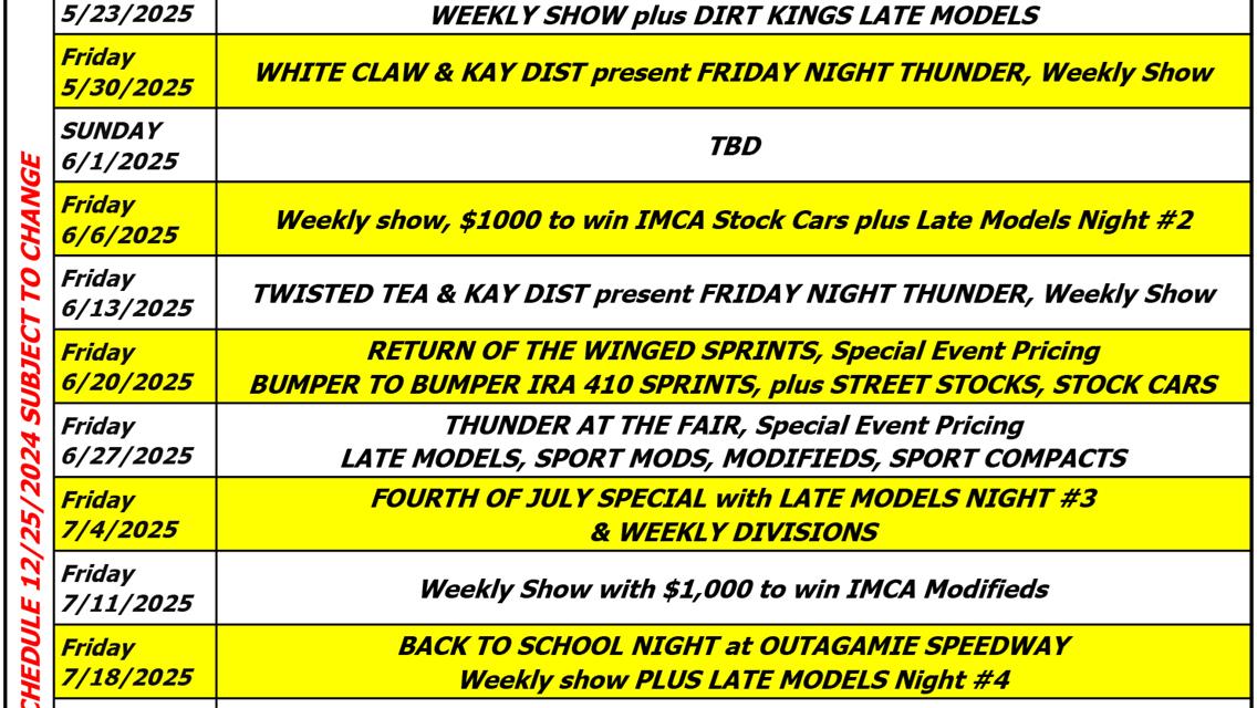 Outagamie Speedway presented by Klink Equipment &amp; Elite Coatings releases 2025 Tentative Schedule