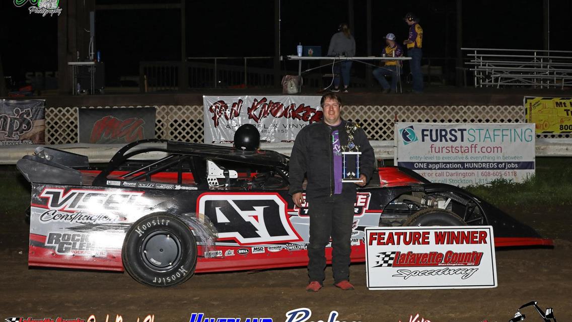 Ethan Pickard visits Victory Lane on May 3 at Lafayette County Speedway.