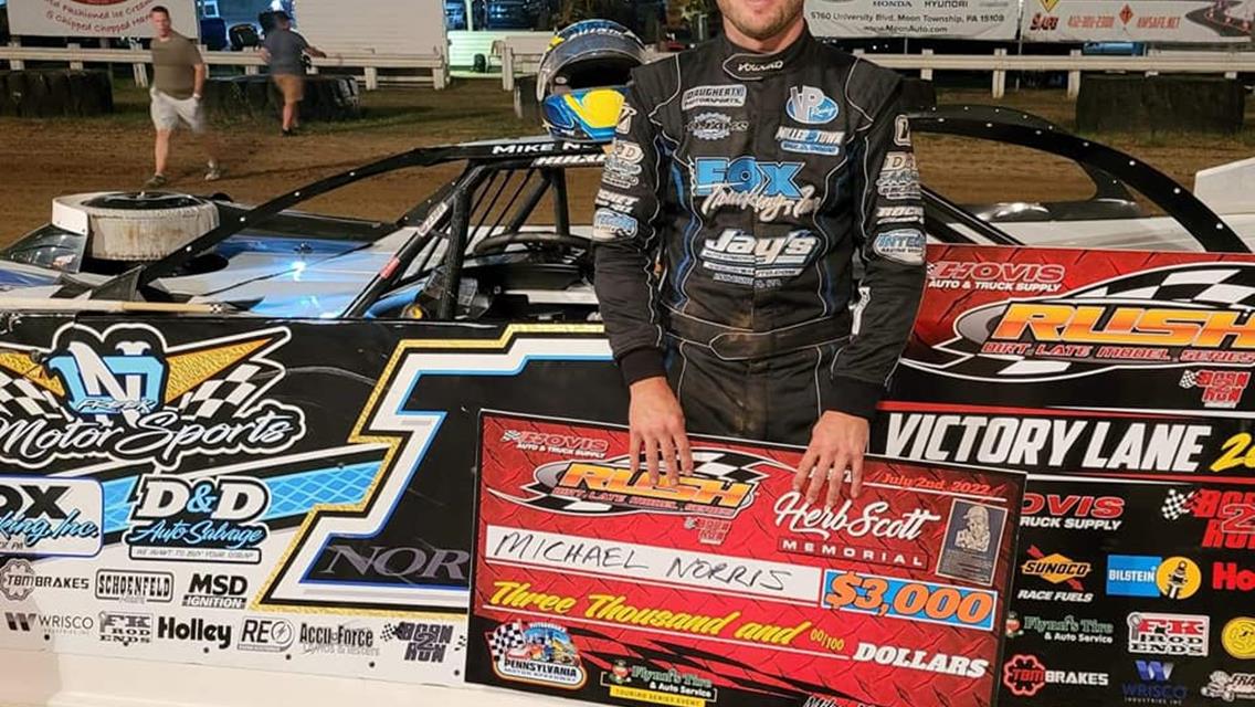 MICHAEL NORRIS OUT-DUELS DARYL CHARLIER FOR THRILLING $3000 &quot;HERB SCOTT MEMORIAL&quot; VICTORY AT PITTSBURGH TO BECOME 7TH DIFFERENT HOVIS RUSH LATE MODEL