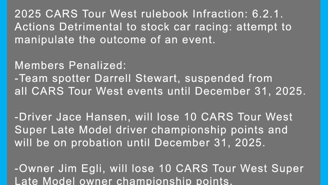 Penalty Report: Colorado National Speedway July 26