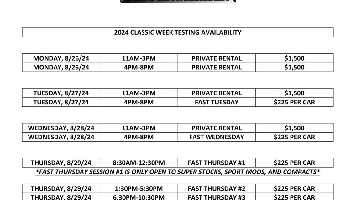 Classic Week Testing Slots Announced