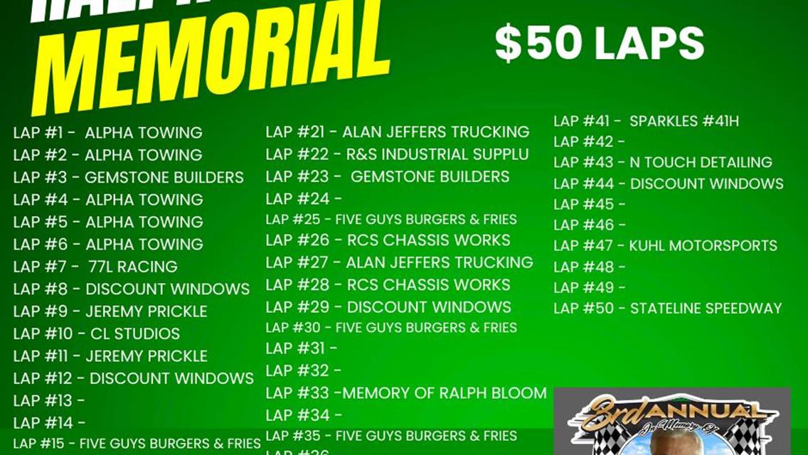 LAPS ARE ALMOST GONE!  GET YOURS TODAY FOR THE RALPH BLOOM MEMORIAL AT COTTAGE GROVE SPEEDWAY!!