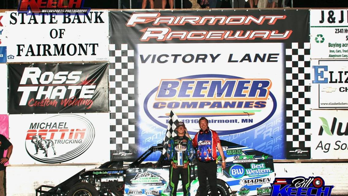 Klay Beemer won the USRA B-Mod portion of the Dwaine Hanson Memorial at Fairmont Raceway, also on Friday, August 8.