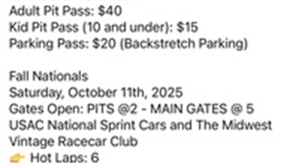 USAC Double at the Burg October 10 and 11