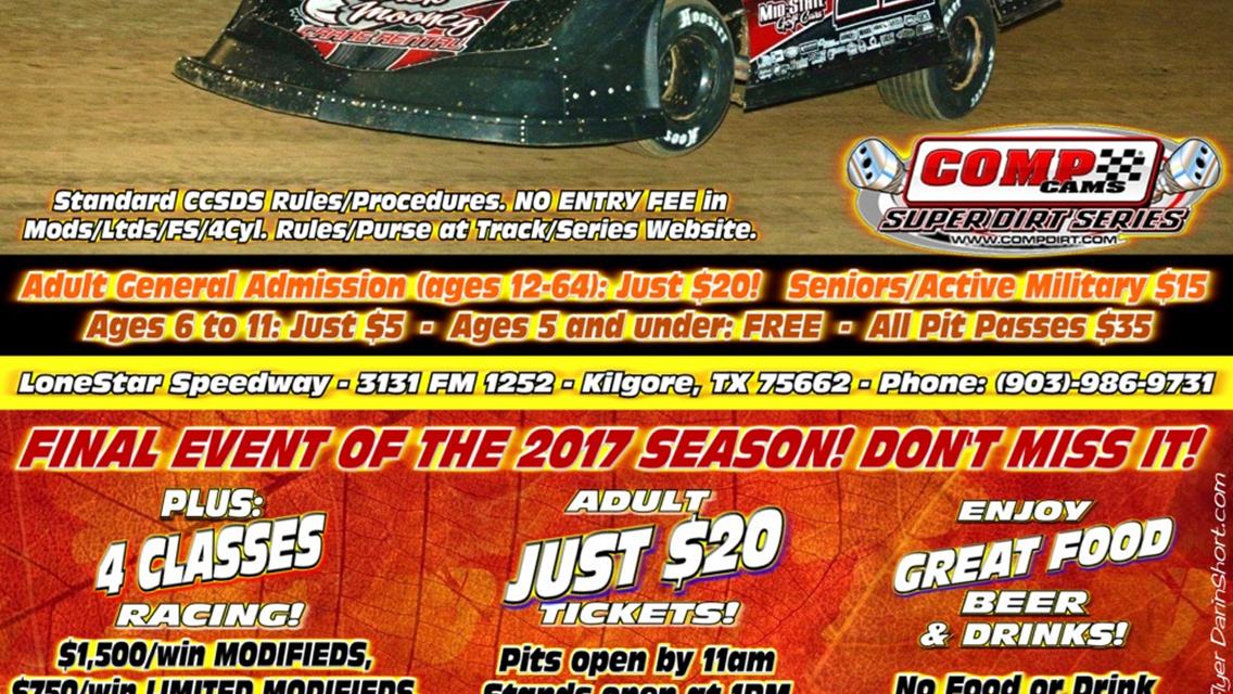 IT&#39;S THE FIRST DAY OF FALL: LETS TALK TURKEY!  $34,000 LONESTAR SPEEDWAY COMP CAMS SUPER DIRT SERIES TOPLESS TURKEY NAT&#39;LS - 11/25!