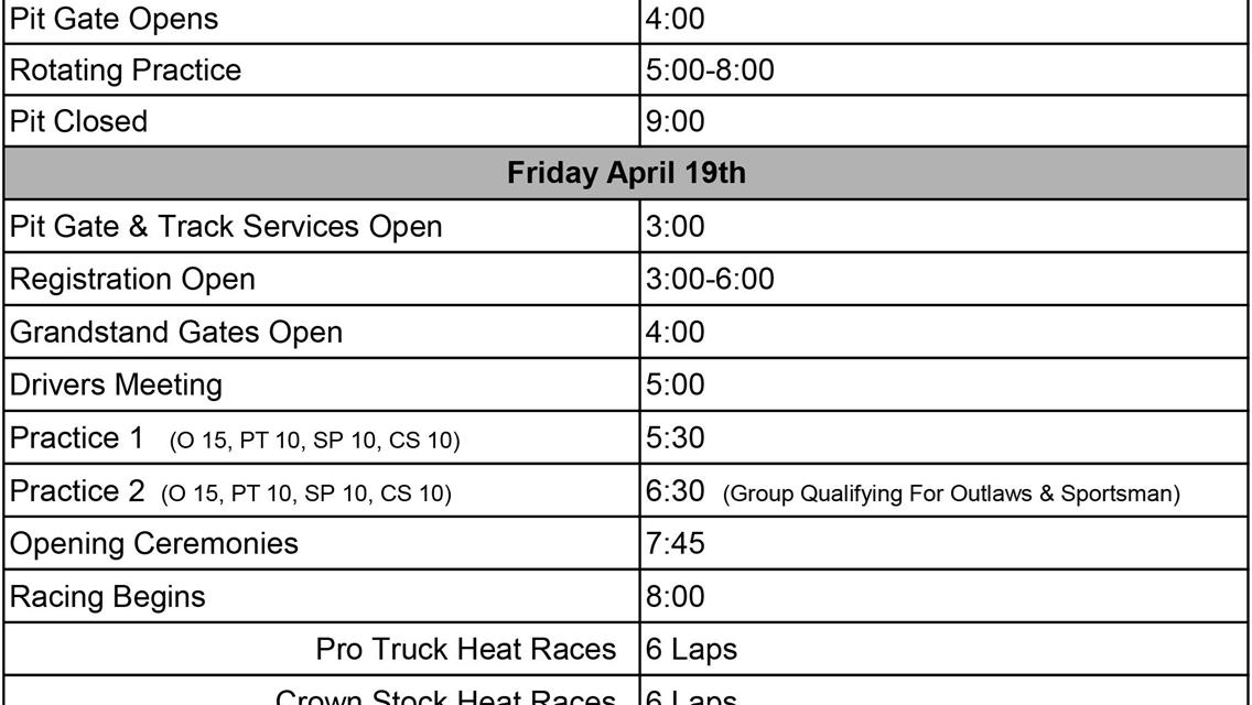 Schedule for Friday racing