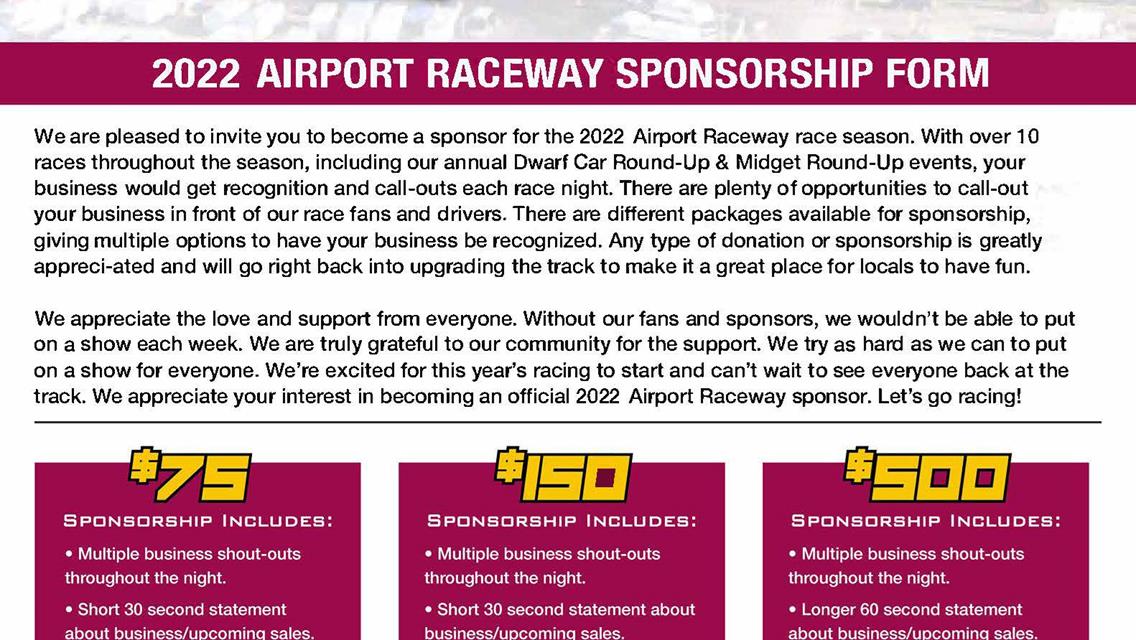 Airport Raceway Seeking 2022 Sponsorships