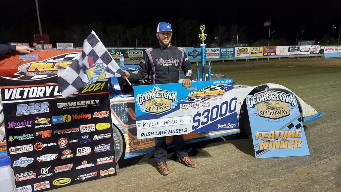 KYLE HARDY TOPS STELLAR FIELD OF 48 PACE RUSH LATE MODELS IN OPENING ROUND OF “BATTLE OF THE BAY” SPEEDWEEK AT GEORGETOWN FOR 1ST CAREER FLYNN’S TIRE/