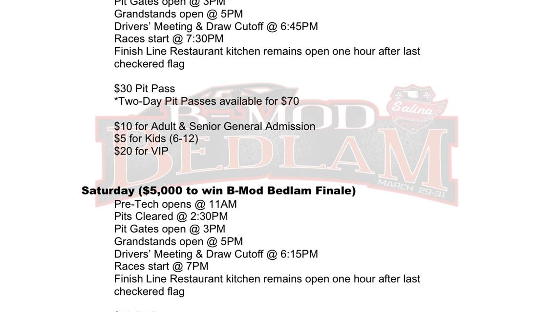 Revised B-Mod Bedlam Schedule of Events; practice postponed to Friday morning