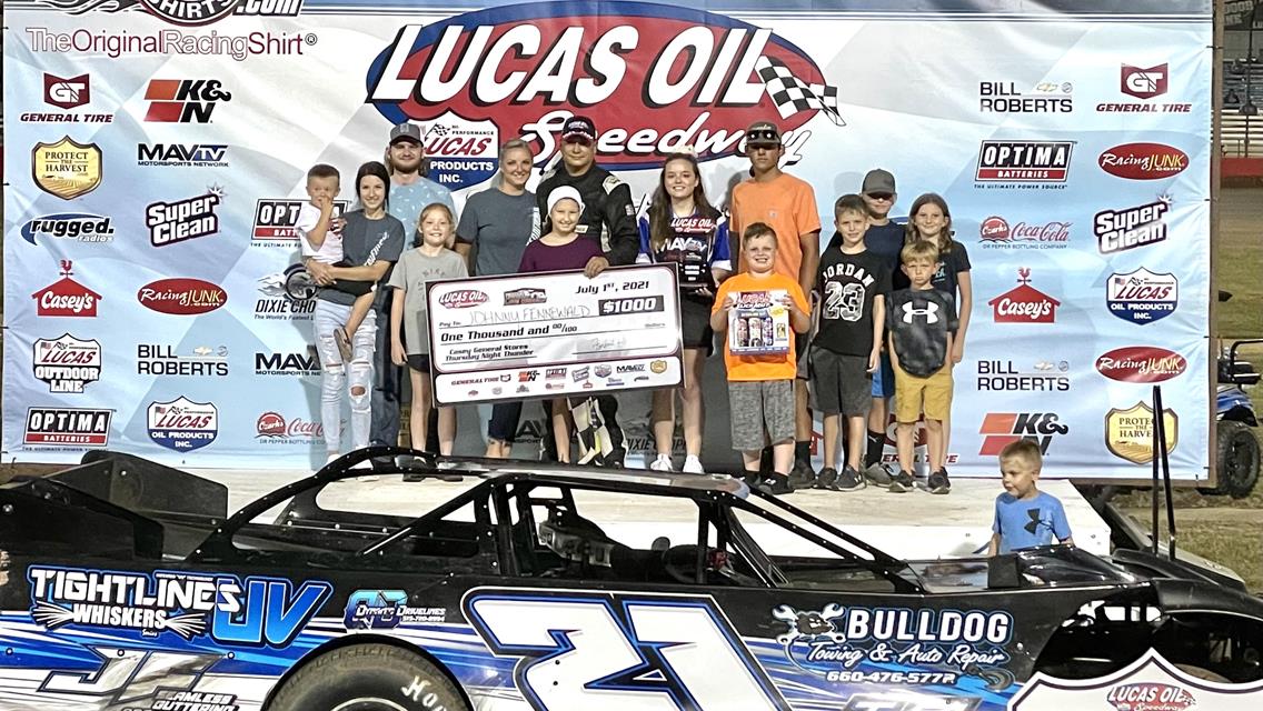 Fennewald captures 3rd straight ULMA Late Model win to headline Lucas Oil Speedway&#39;s Thursday Night Thunder; Jackson, Johnson, McMillin also prevail