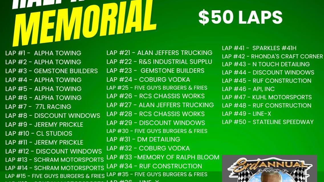 THANK YOU TO ALL OF THESE LAP SPONSORS SUPPORTING THE RALPH BLOOM MEMORIAL