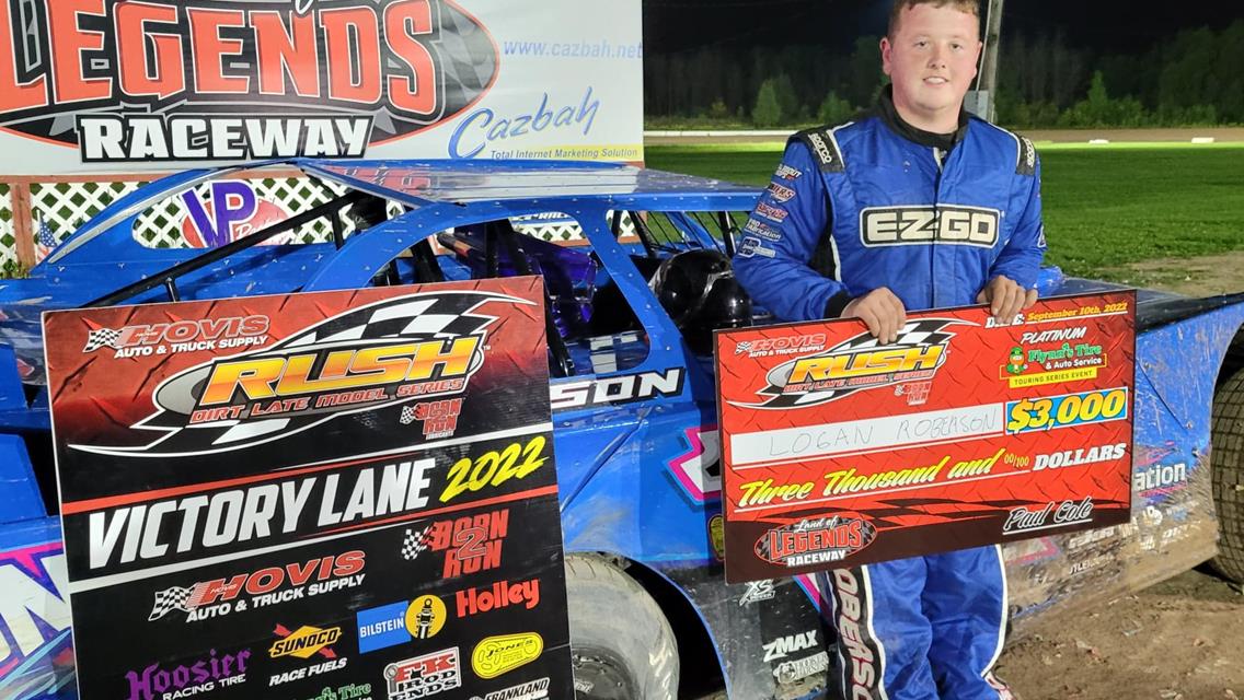 LOGAN ROBERSON WITHSTANDS CHALLENGES FROM JEREMY WONDERLING TO WIN THE 1ST EVER HOVIS RUSH LATE MODEL FLYNN’S TIRE TOUR RACE AT LAND OF LEGENDS