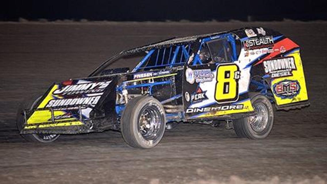 Greg Dinsmore was the $1,000 Friesen Performance IMCA Modified winner on opening night Saturday at I-37 Speedway. (Photo by J.M. Hallas)