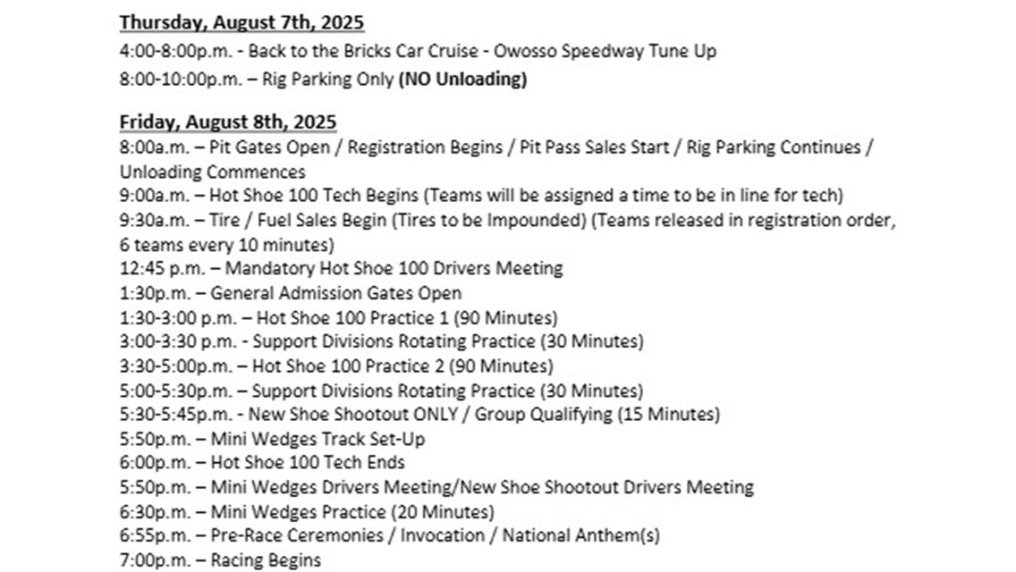 Hot Shoe 100 Schedule