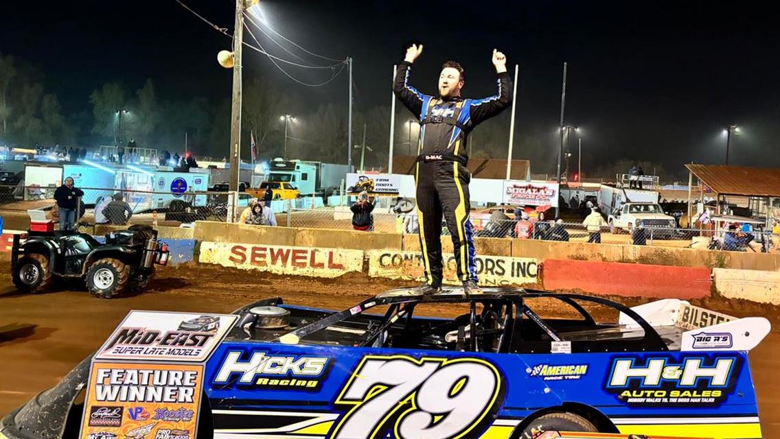 Donald McIntosh piloted his Billy Hicks Racing No. 79 Double Nickel Race Car to the Mike Duvall Memorial victory at Cherokee Speedway (Gaffney, S.C.) on Saturday, October 12.

He collected $10,000 for the Mid-East Super Late Models win.