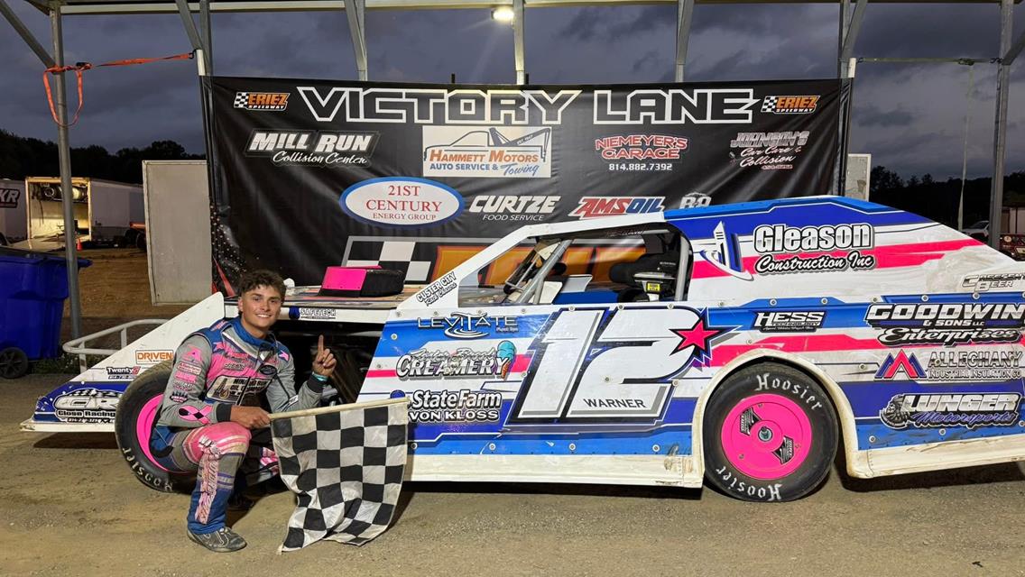 Brendan Warner first win of the weekend on Saturday at Sharon Speedway and Sunday at Eriez Speedway