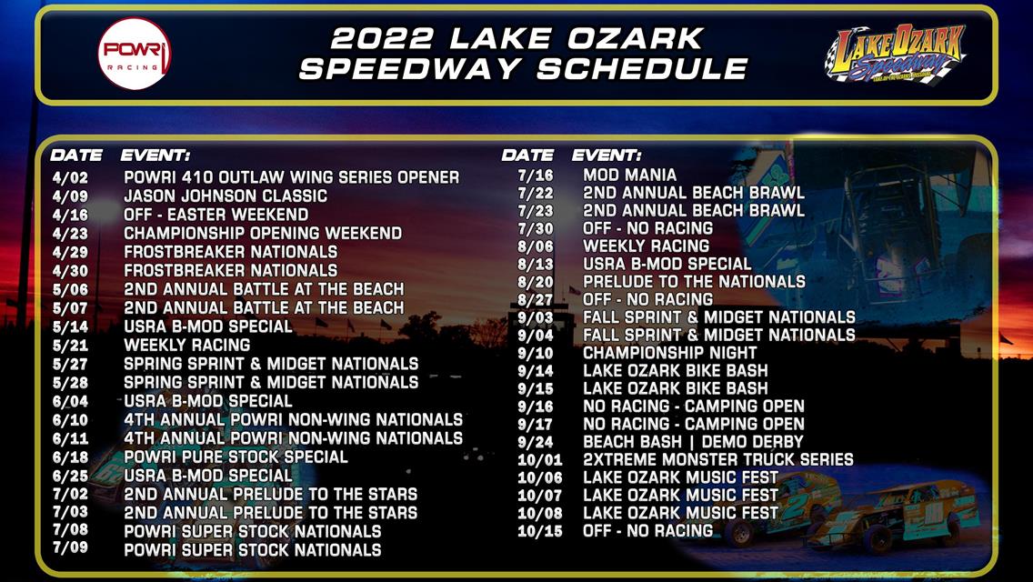 2022 Season Schedule for Lake Ozark Speedway