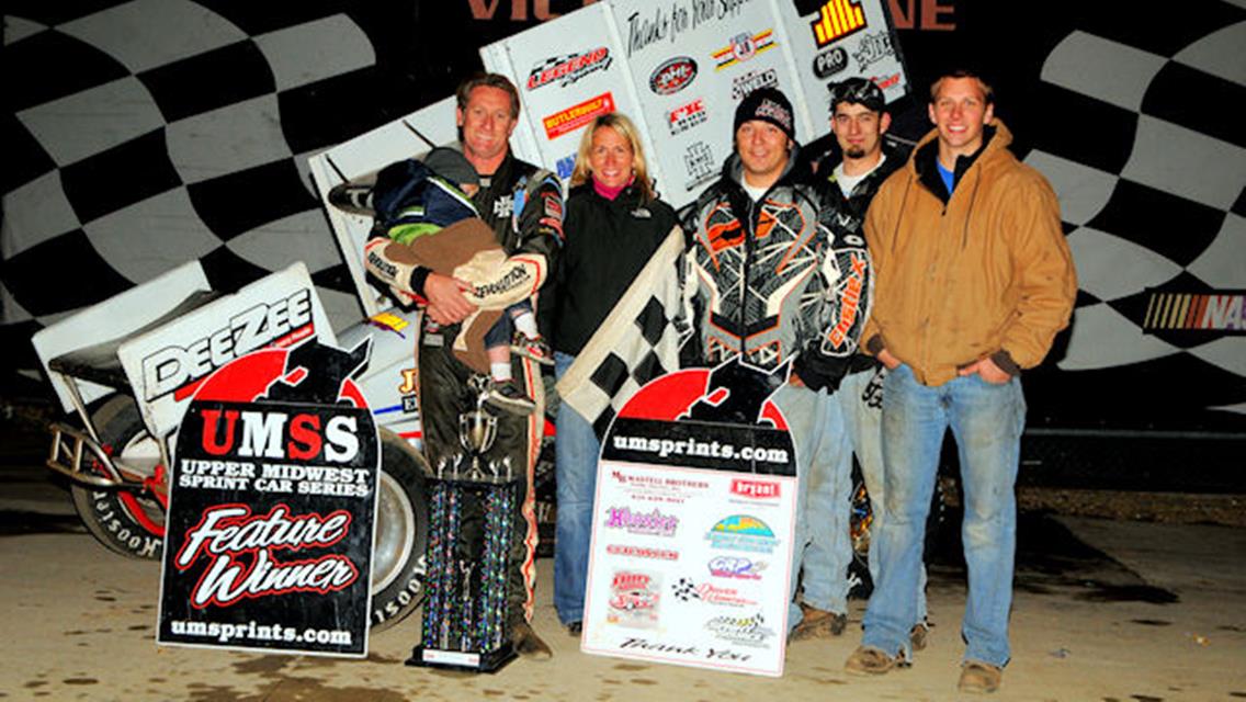 Brooke Tatnell with his family and crew in Victory Lane following his weekend sweep of the Fall Dirt Nationals at Elko Speedway.