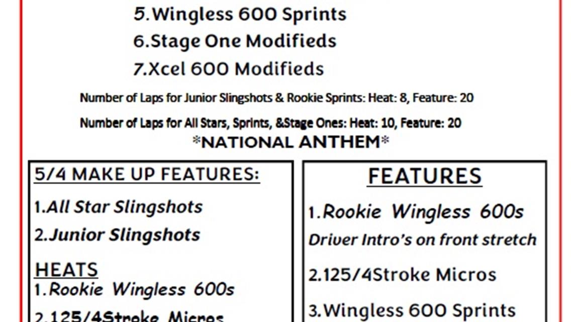 6/1/24 Schedule of Events: Rookie Gamblers, 125 Micros, Slingshot 5/4 Make Up Features