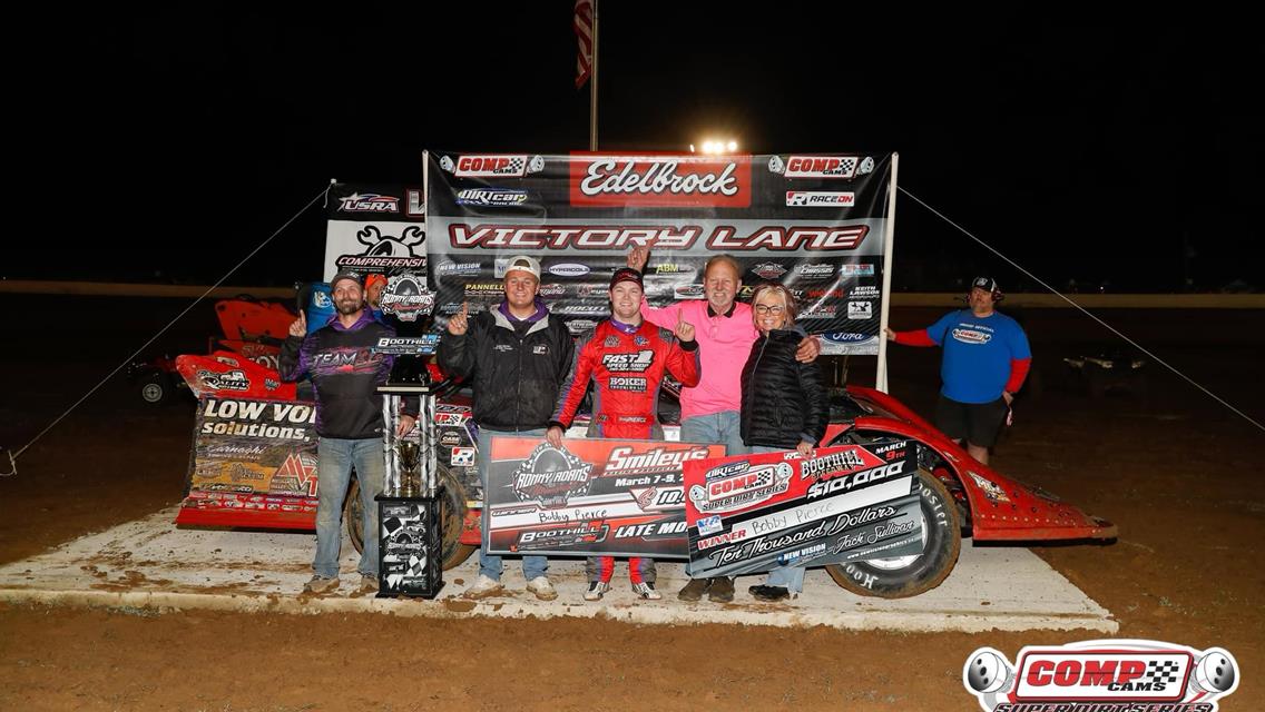Bobby Pierce continued his red-hot start to the year with a $10,000 victory with the COMP Cams Super Dirt Series (CCSDS) Super Late Models on Saturday, March 9 at Louisiana&#39;s Boothill Speedway. The win was his seventh of the year.