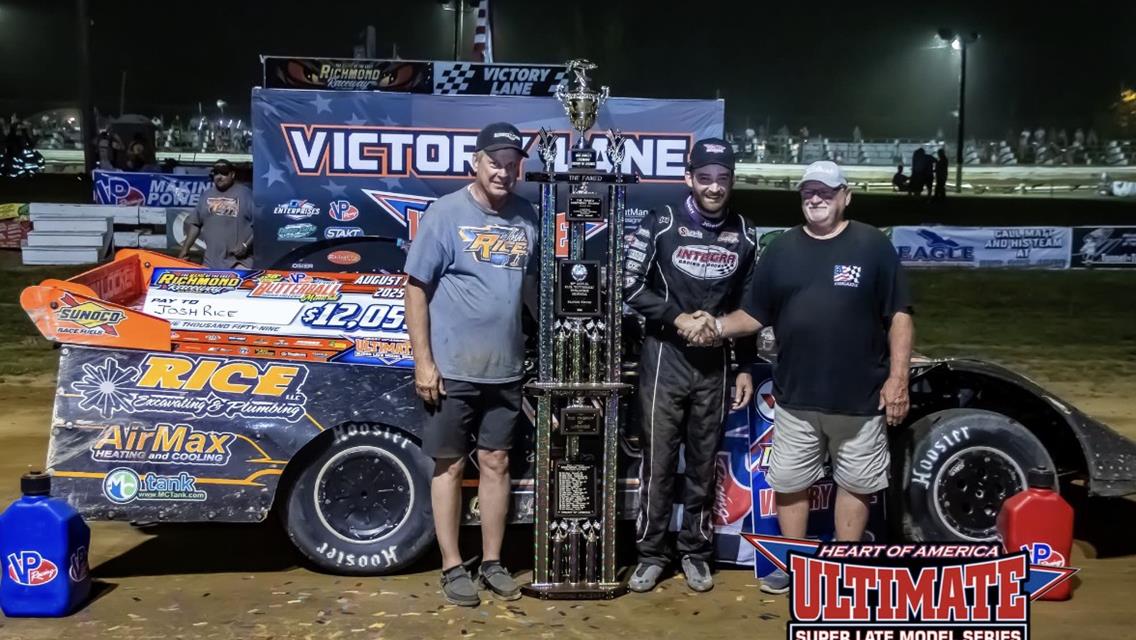 Josh Rice banked a $12,059 victory on Saturday night by winning his first career Butterball Wooldridge Memorial at Richmond Raceway.