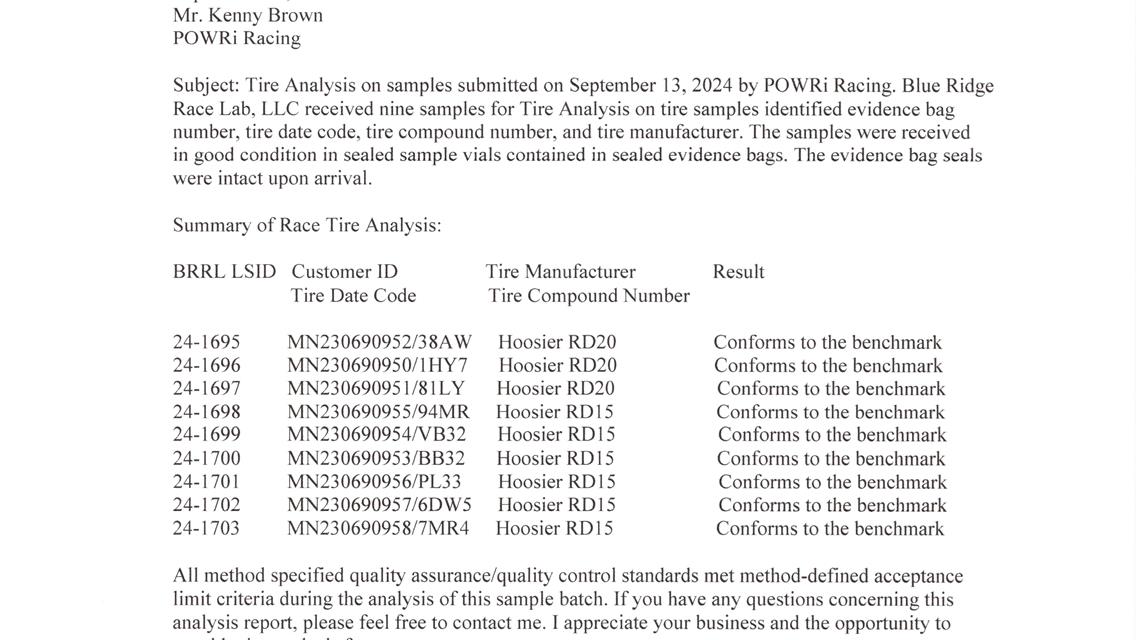 POWRi KKM Challenge at Coles County Speedway Tire Analysis Report