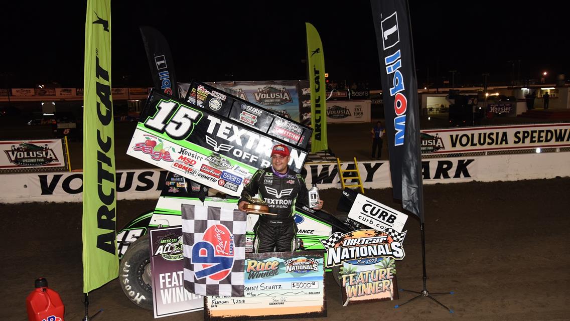 Donny Schatz charges from 12th to win at Volusia Speedway Park