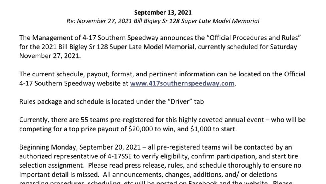 PRESS RELEASE: 11/27/21 Bigley 128 Super Late Model Memorial