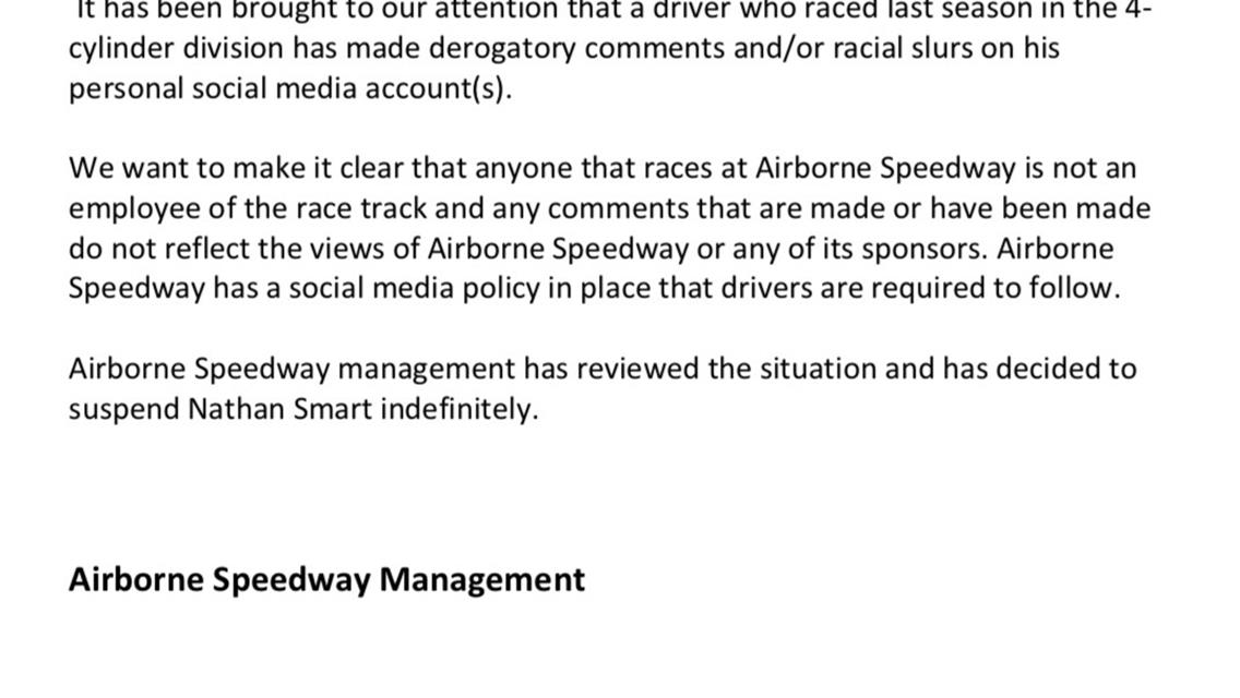 Airborne Speedway Issues Statement