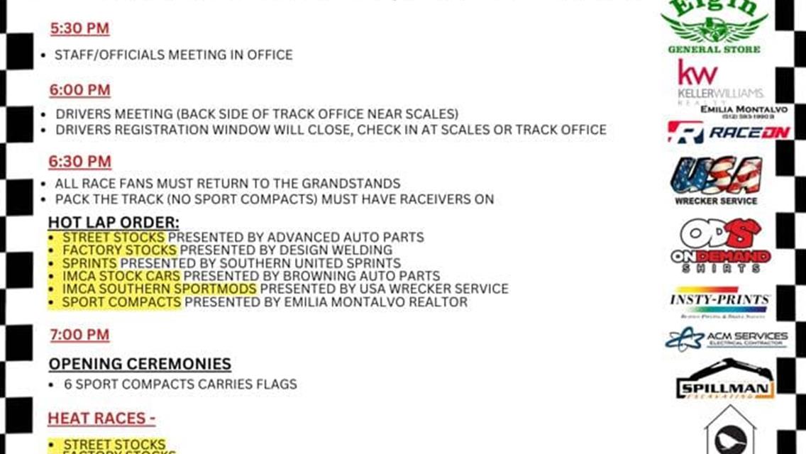 July 13th Race Day Schedule - Welcome Southern United Sprints!