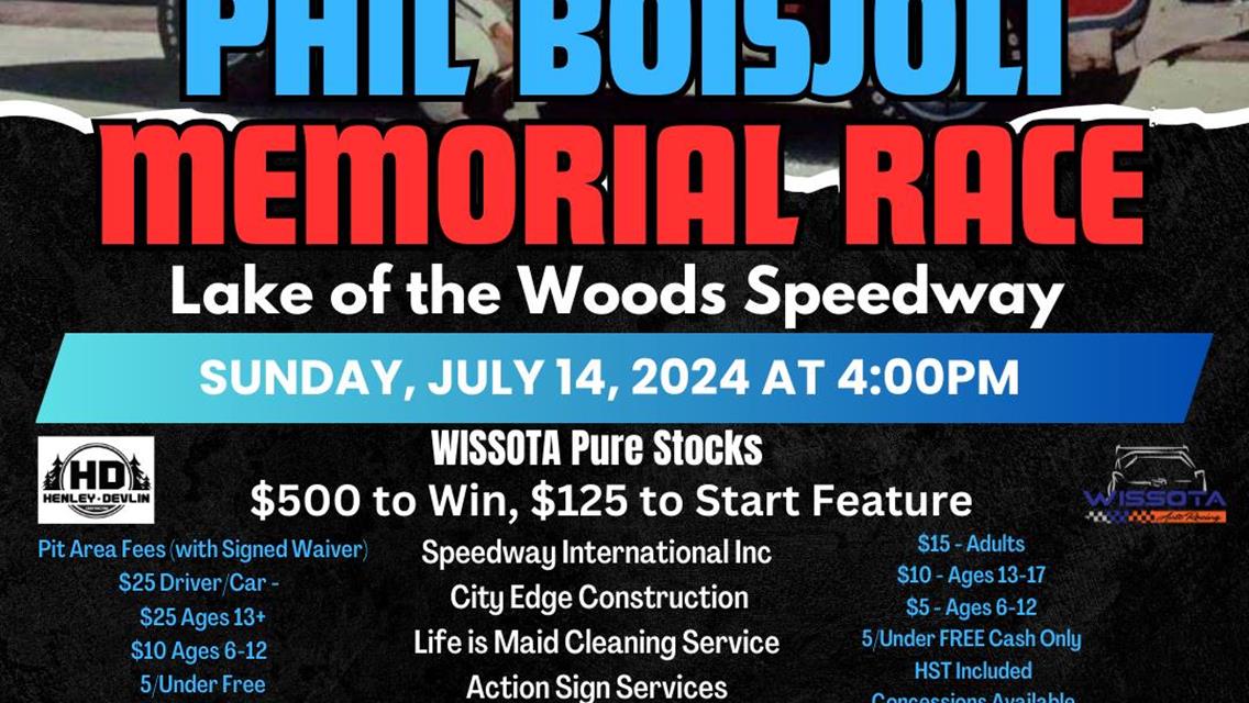 Next Event: Sunday, July 14 - Boisjoli Memorial - Hot Laps at 4pm, Racing at 4:30