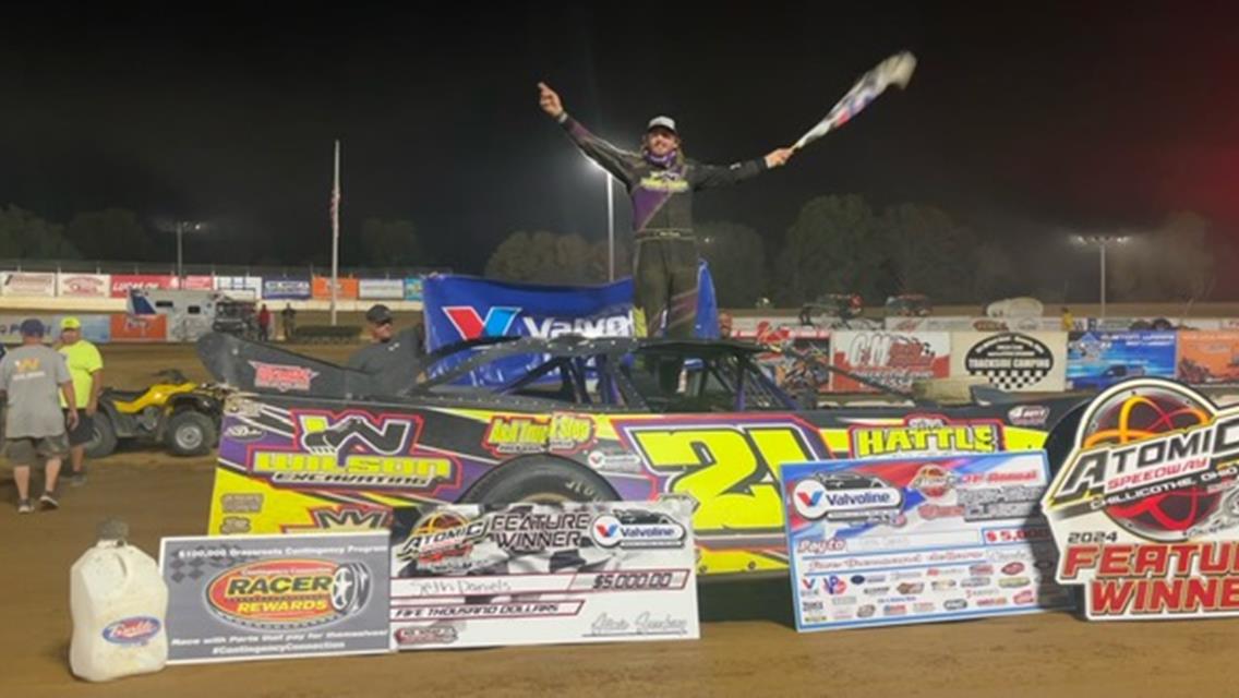 Seth Daniels raced to his first-career Valvoline American Late Model Iron-Man Series Fueled by VP Racing Fuels victory on Saturday, Sept. 21 at Atomic Speedway (Alma, Ohio).