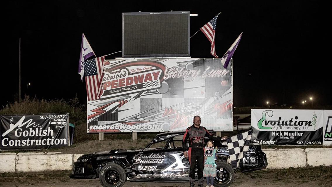 Brandon Beckendorf took a Jordan Rogotzke-owned IMCA Stock Car to two wins at Redwood Speedway.