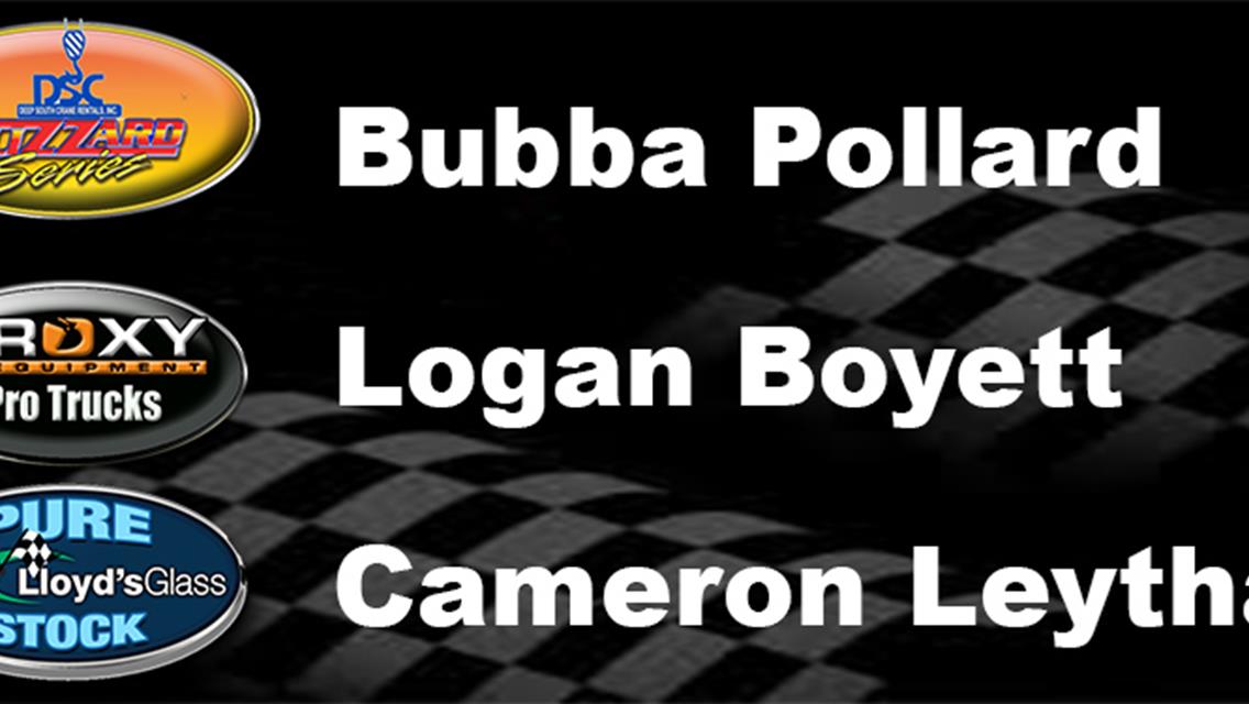 Pollard Wins Blizzard, he started 17th;  Cameron Leytham Gets 4th Pure Stock Victory; Boyett Wins Pro Trucks; Blizzard Continues Saturday at 8pm With