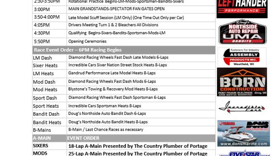 ORDER OF EVENTS FOR COUNTRY PLUMBER 50
