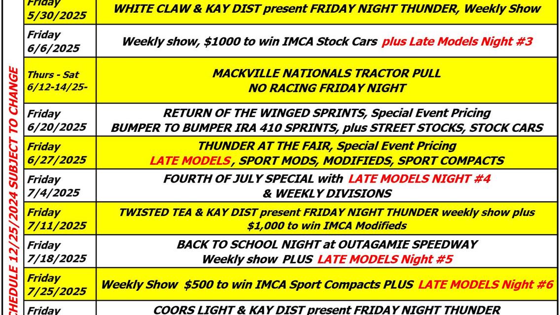 Changes to the 2025 Tentative Outagamie Speedway Schedule