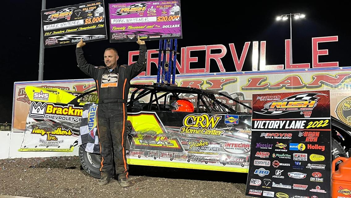 MARK WHITENER WINS 2ND STRAIGHT &quot;BILL EMIG MEMORIAL&quot; PRESENTED BY SUNOCO FOR FLYNN&#39;S TIRE TOUR AT LERNERVILLE; HISTORIC $20,000 PAYDAY IS RICHEST IN H