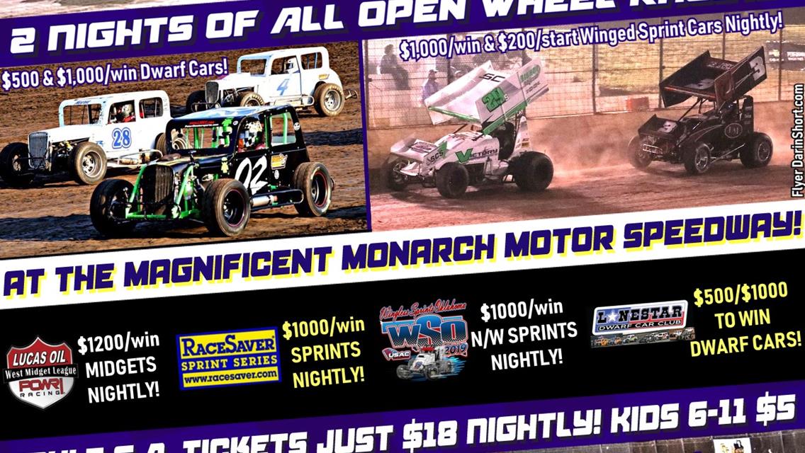 “MAYHEM at MONARCH” SET FOR SEPT. 6-7 Featuring 4 Divisions of Open Wheel Racing!