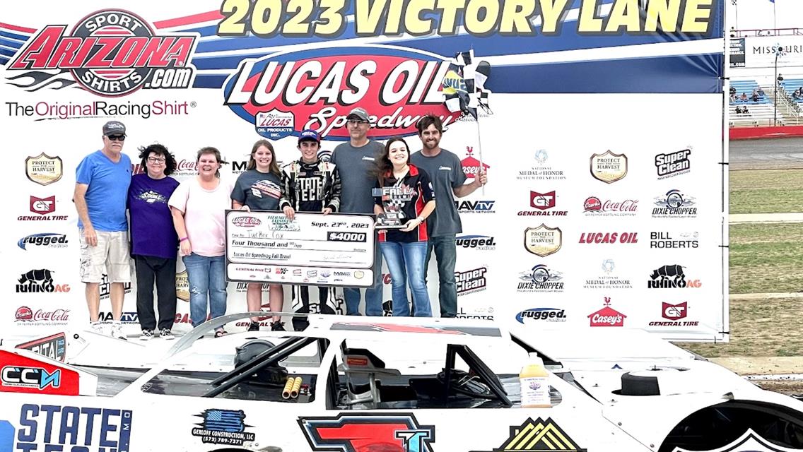 Tucker Cox takes command late for wild Late Model victory to headline Lucas Oil Speedway Fall Brawl program