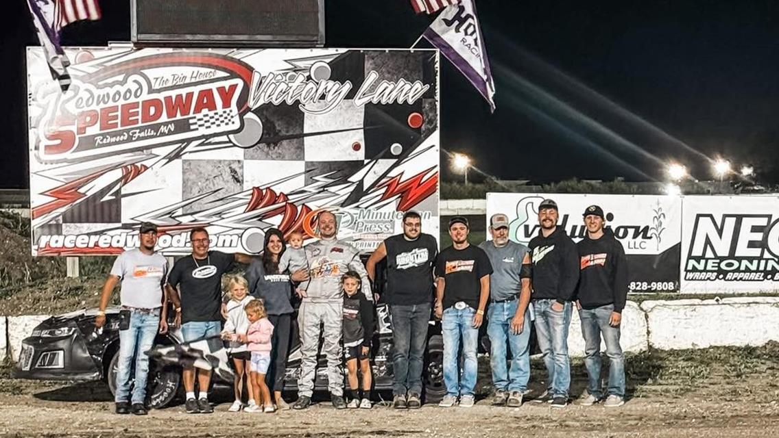 Brandon Beckendorf took a Jordan Rogotzke-owned IMCA Stock Car to two wins at Redwood Speedway.