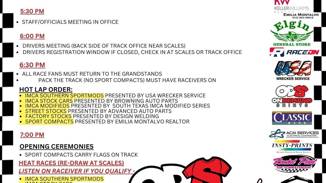 August 24, 2024 Race Day Schedule - On Demand Shirts Night at the Races!