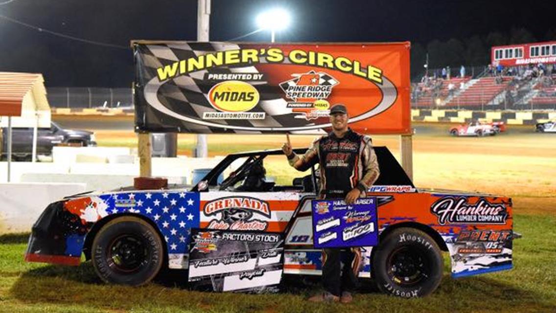 CJ Hodges won Saturday’s Factory Stock feature at Pine Ridge Speedway.